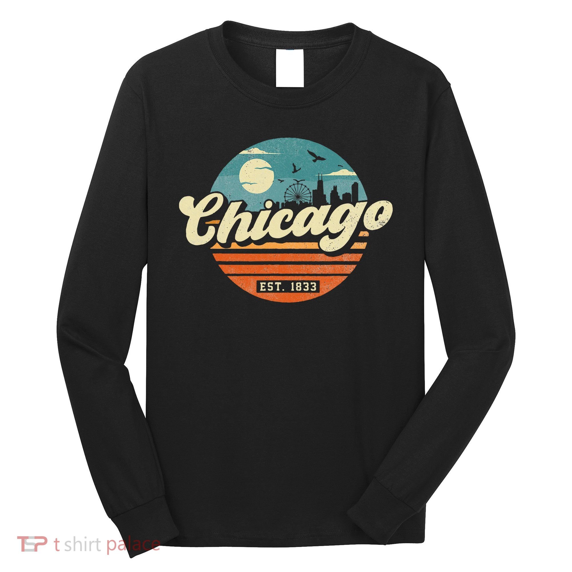 Chicago Illinois Retro Skyline Night Il Souvenirs Long Sleeve Shirt