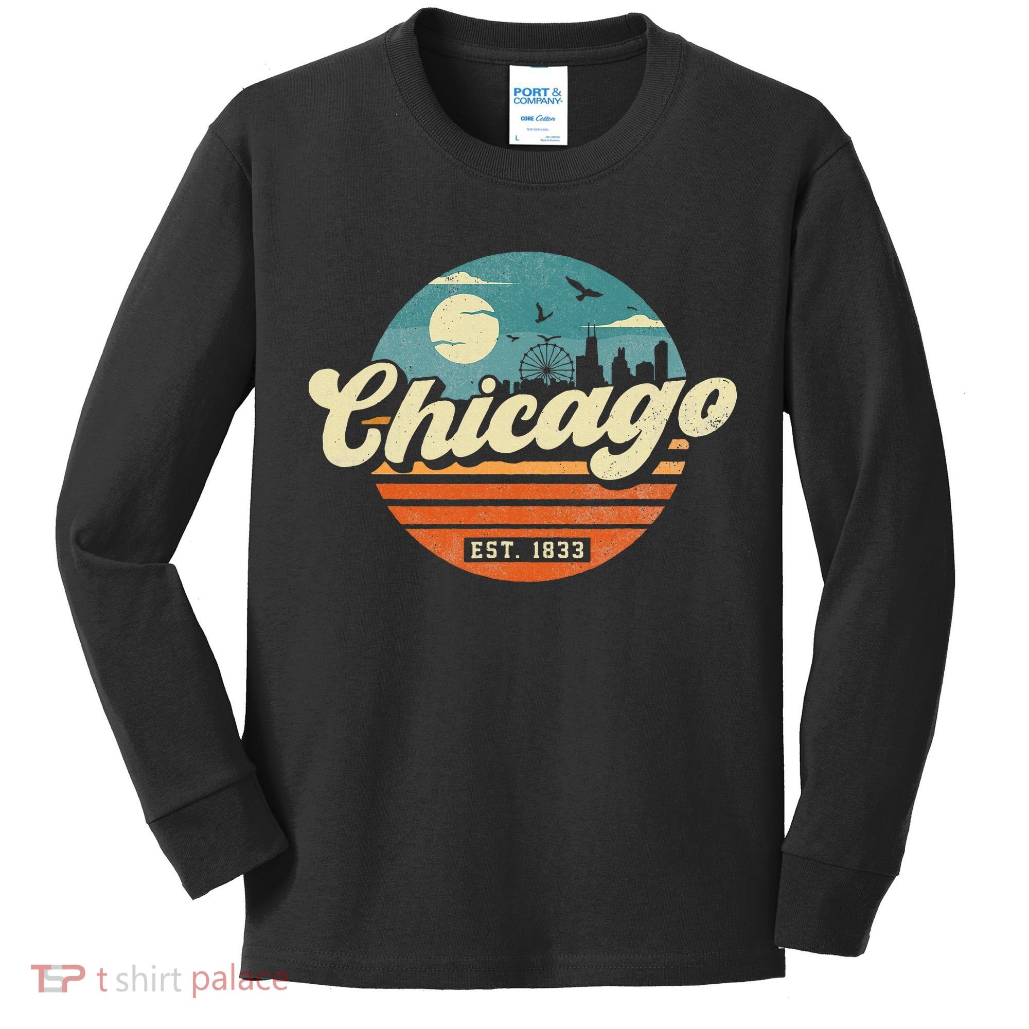 Chicago Illinois Retro Skyline Night Il Souvenirs Kids Long Sleeve Shirt