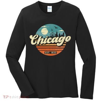 Chicago Illinois Retro Skyline Night Il Souvenirs Women's Long Sleeve Shirt