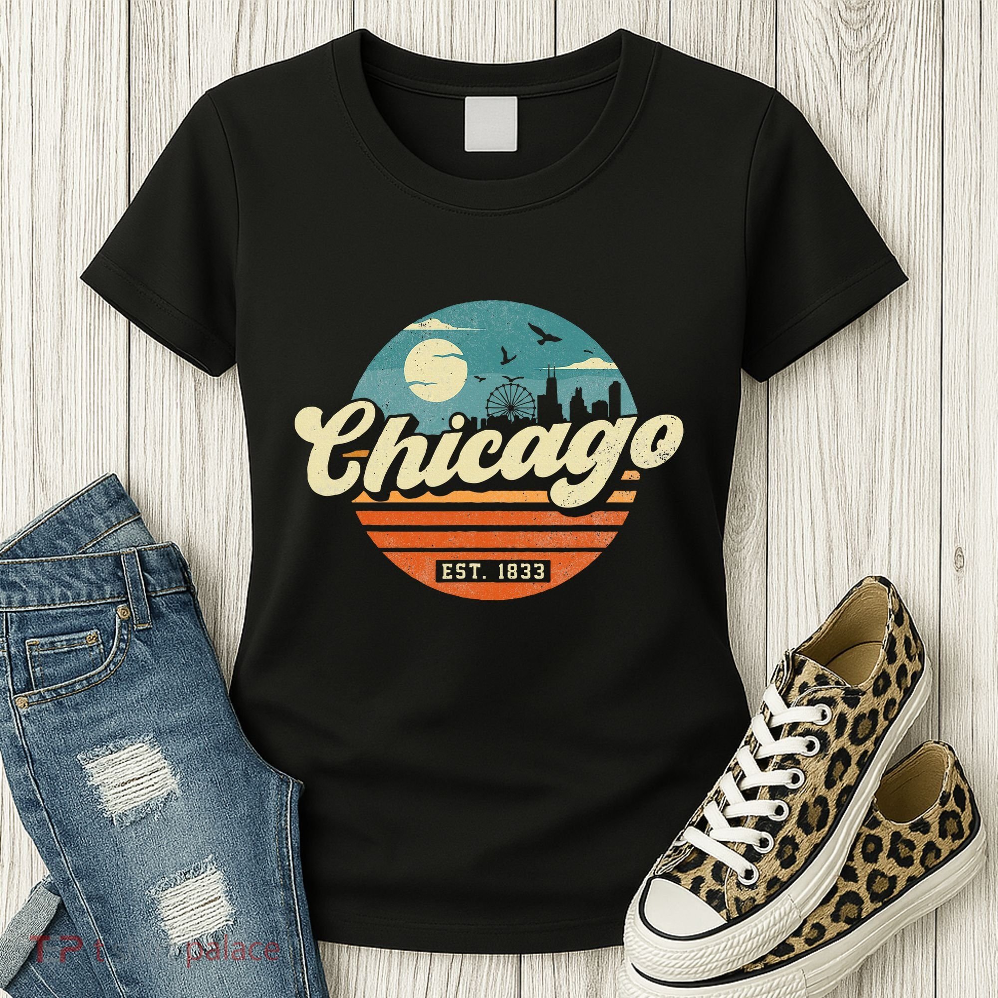 Chicago Illinois Retro Skyline Night Il Souvenirs Women's T-Shirt