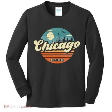 Chicago Illinois Retro Skyline Night Il Souvenirs Kids Long Sleeve Shirt