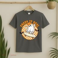 Creep It Real Skater Ghost Halloween Retro T-Shirt thumb 2