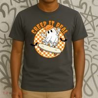 Creep It Real Skater Ghost Halloween Retro T-Shirt thumb 3