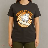 Creep It Real Skater Ghost Halloween Retro T-Shirt thumb 4