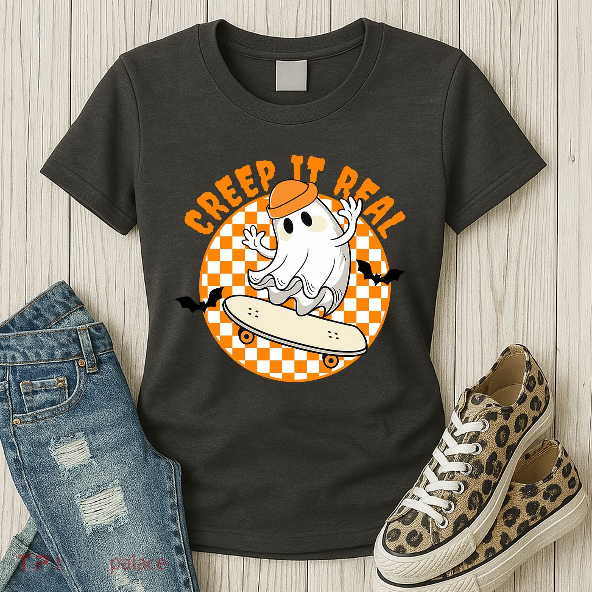Creep It Real Skater Ghost Halloween Retro Women's T-Shirt