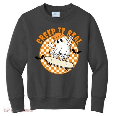 Creep It Real Skater Ghost Halloween Retro Kids Sweatshirt