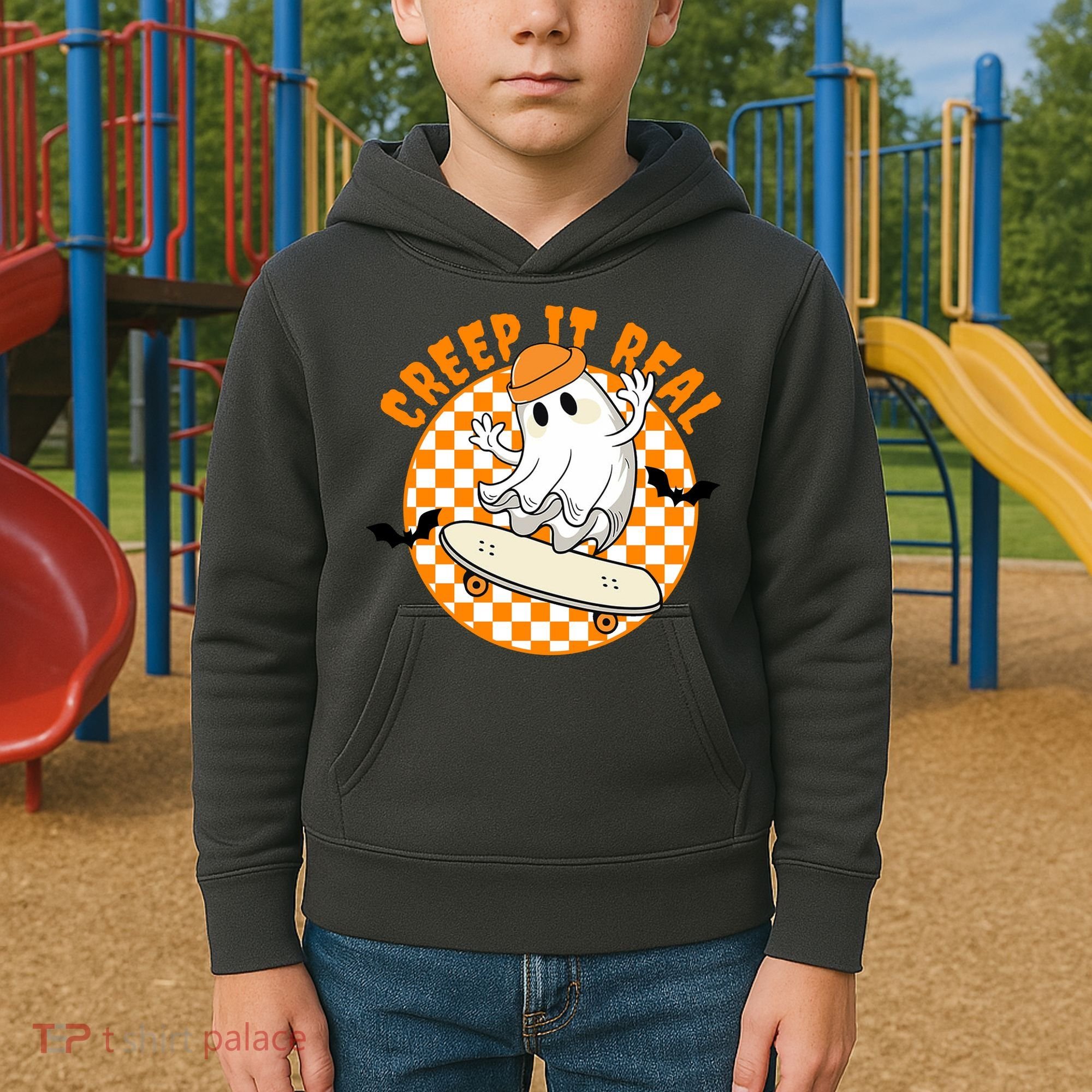 Creep It Real Skater Ghost Halloween Retro Kids Hoodie