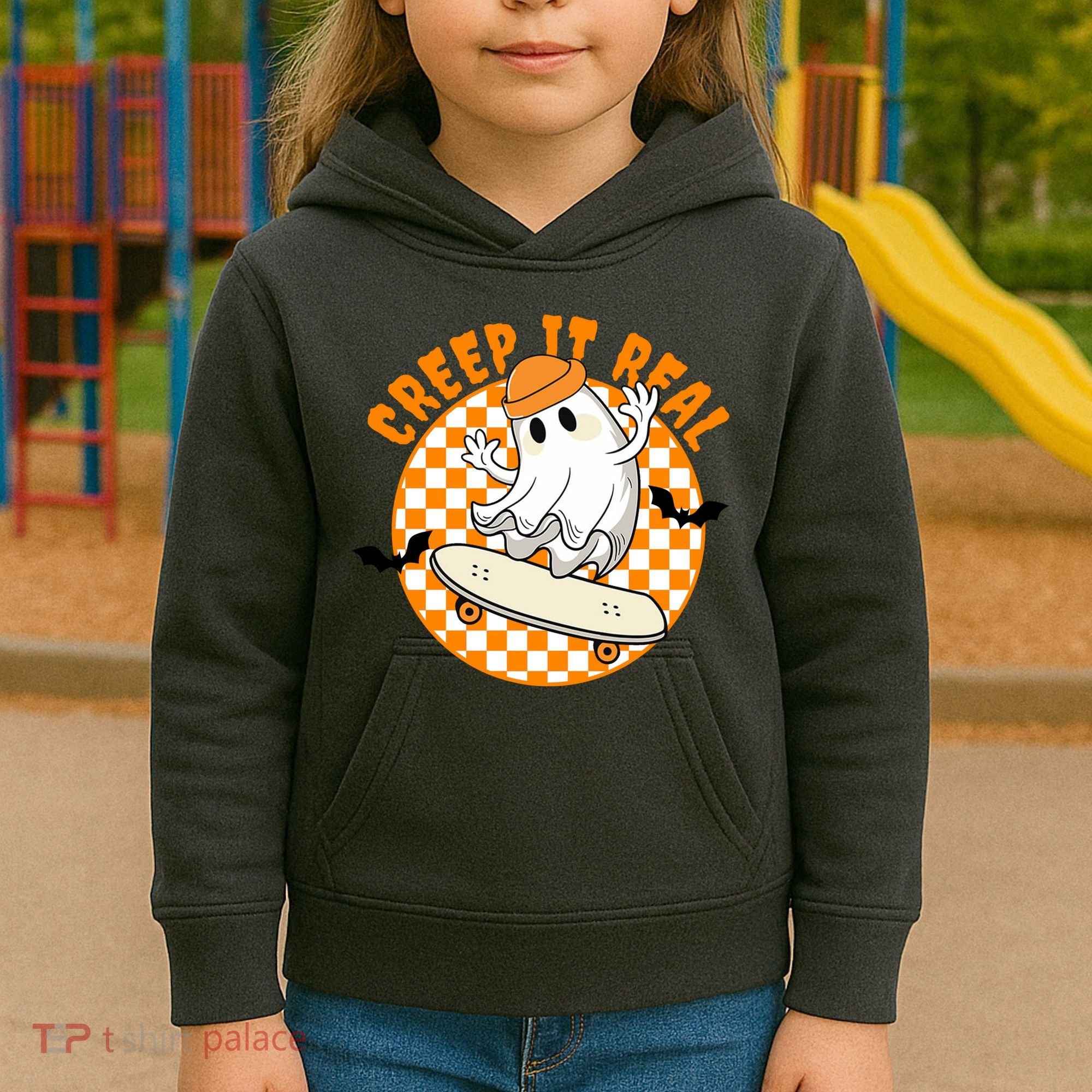 Creep It Real Skater Ghost Halloween Retro Kids Hoodie