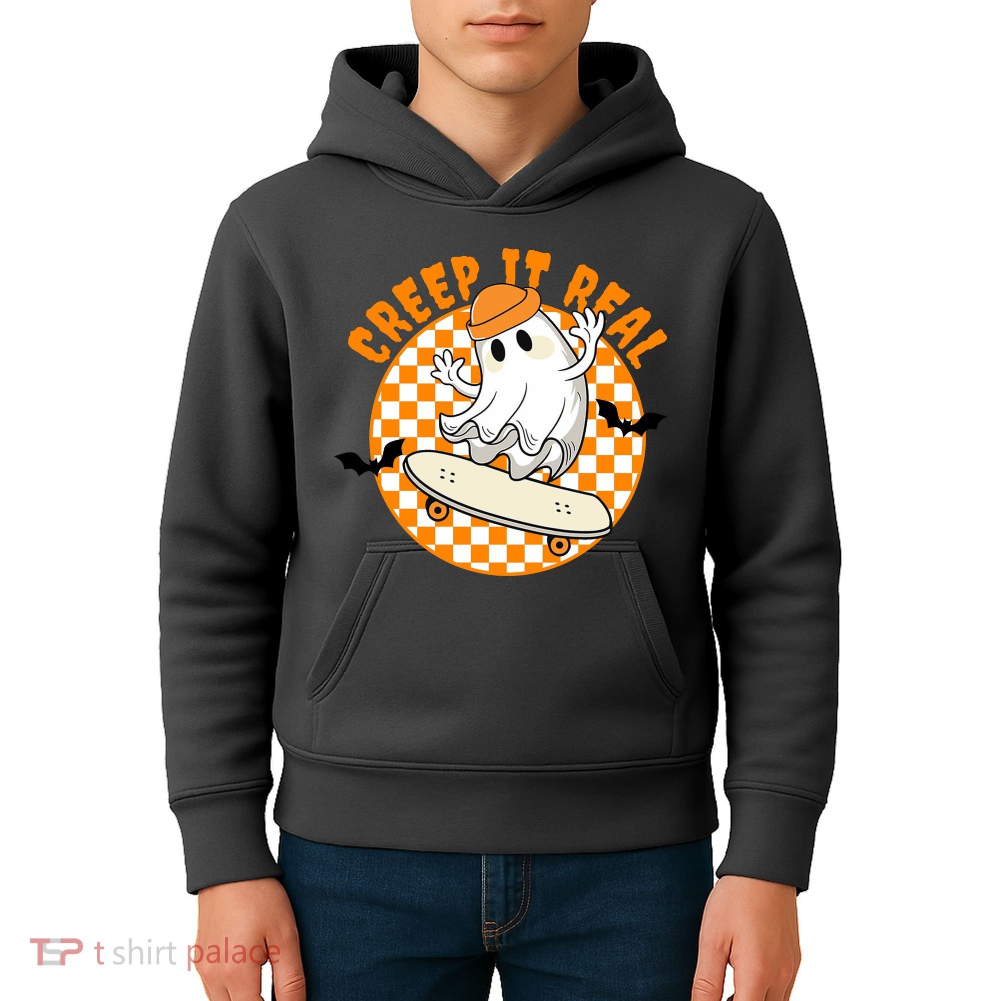 Creep It Real Skater Ghost Halloween Retro Kids Hoodie