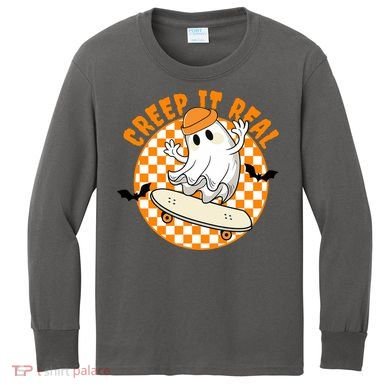 Creep It Real Skater Ghost Halloween Retro Kids Long Sleeve Shirt