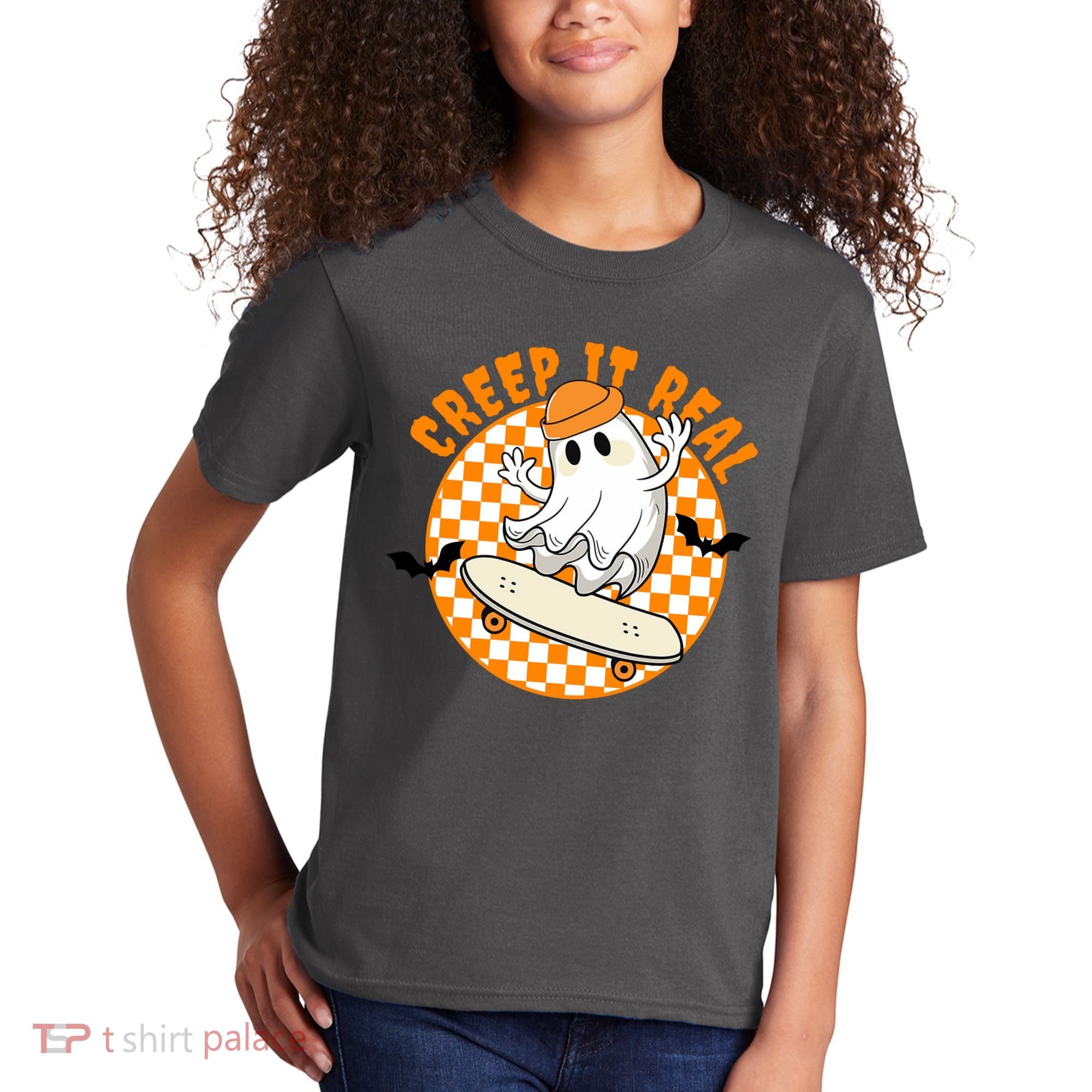 Creep It Real Skater Ghost Halloween Retro Kids T-Shirt