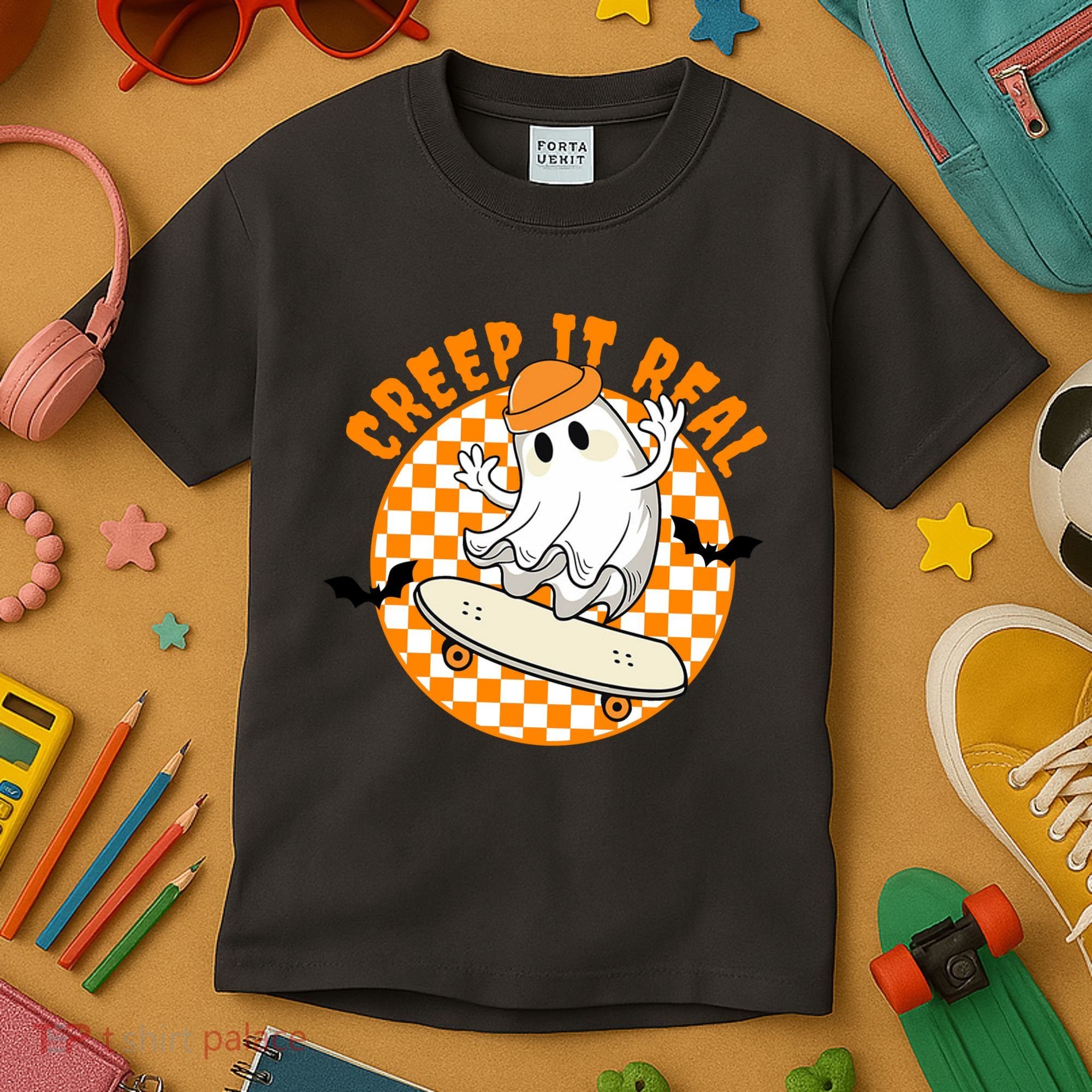 Creep It Real Skater Ghost Halloween Retro Kids T-Shirt