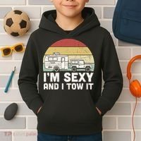 Camping I'm Sexy And I Tow It Funny Retro Sunset Kids Hoodie thumb 2