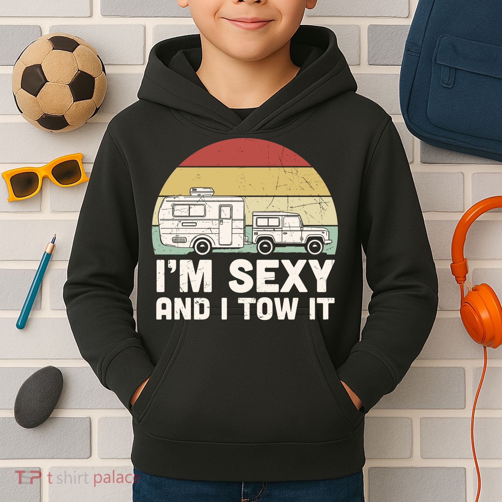 Camping I'm Sexy And I Tow It Funny Retro Sunset Kids Hoodie