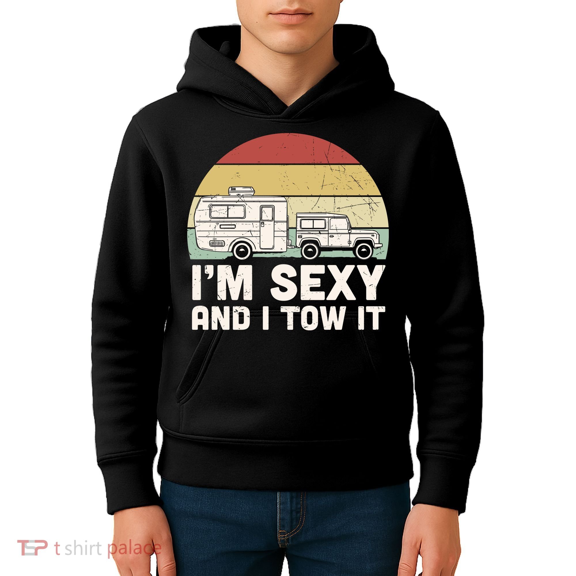 Camping I'm Sexy And I Tow It Funny Retro Sunset Kids Hoodie