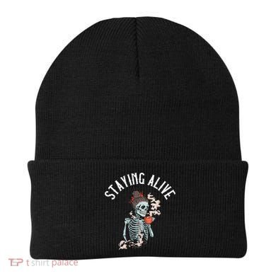 Coffee Ing Skeleton Staying Alive Vintage Gift Beanie