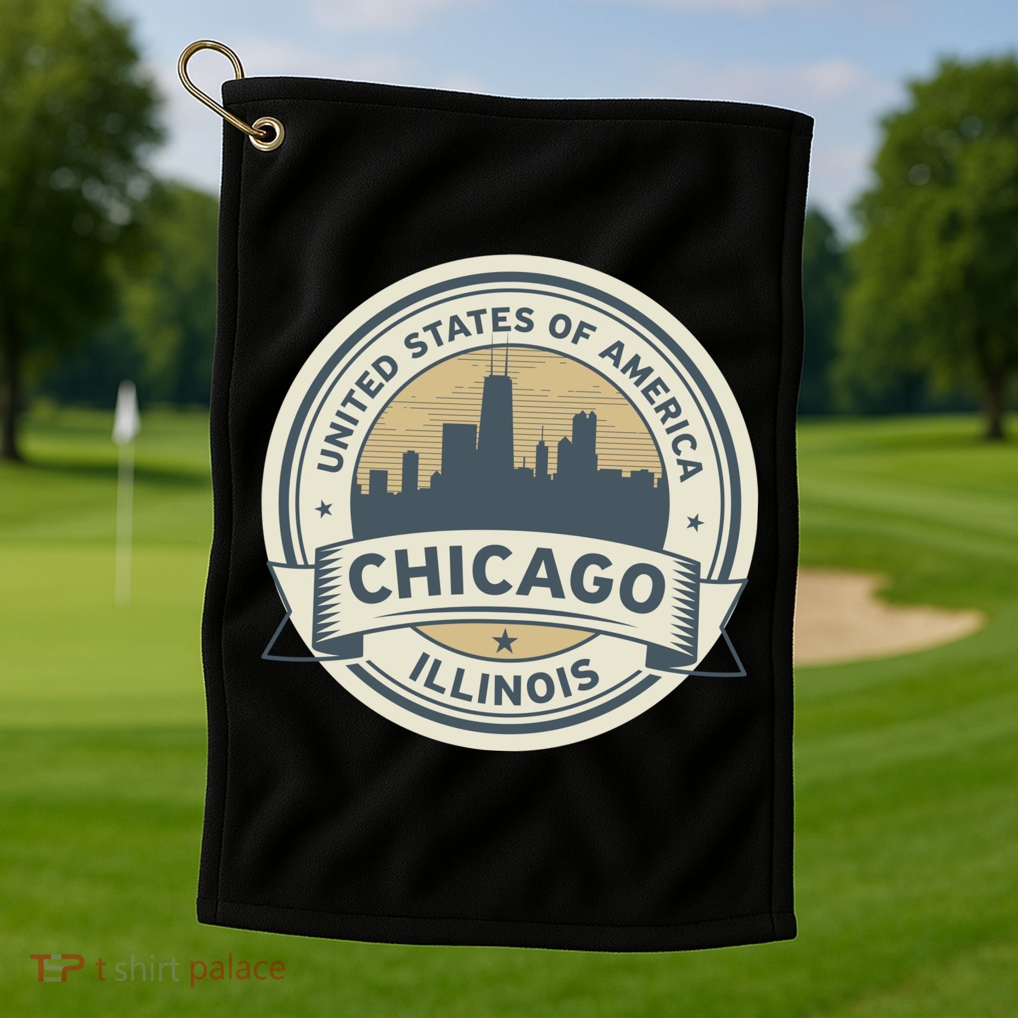 Chicago Illinois Stamp Logo Golf Towel