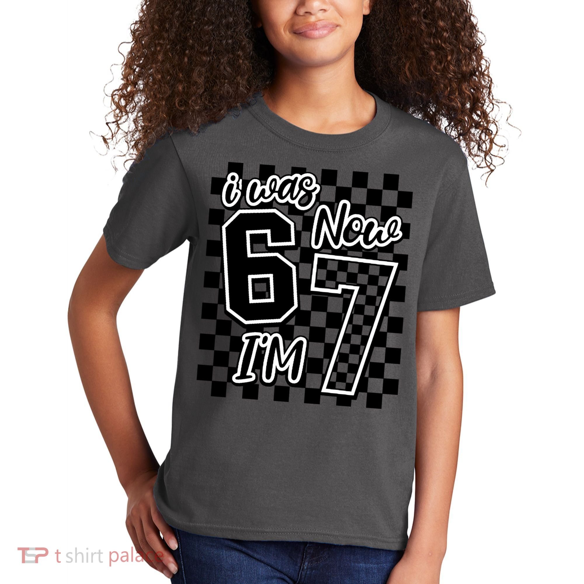 Checkered I Was 6 Now I'm 7 Birthday Seven Years Old Kids T-Shirt