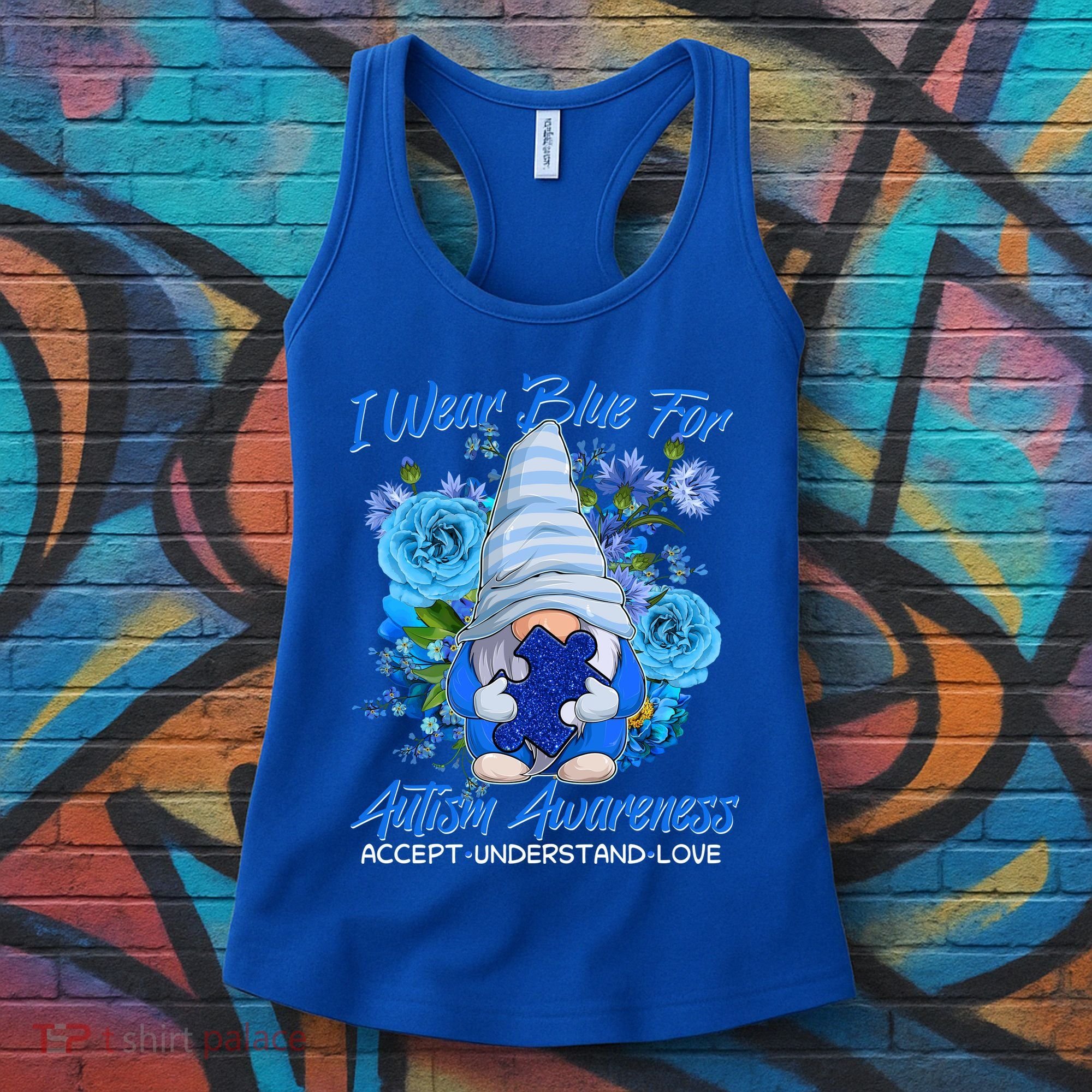 Cool I Wear Blue For Autism Awareness Accept Understand Love Flower Gnome Women's Tank Top