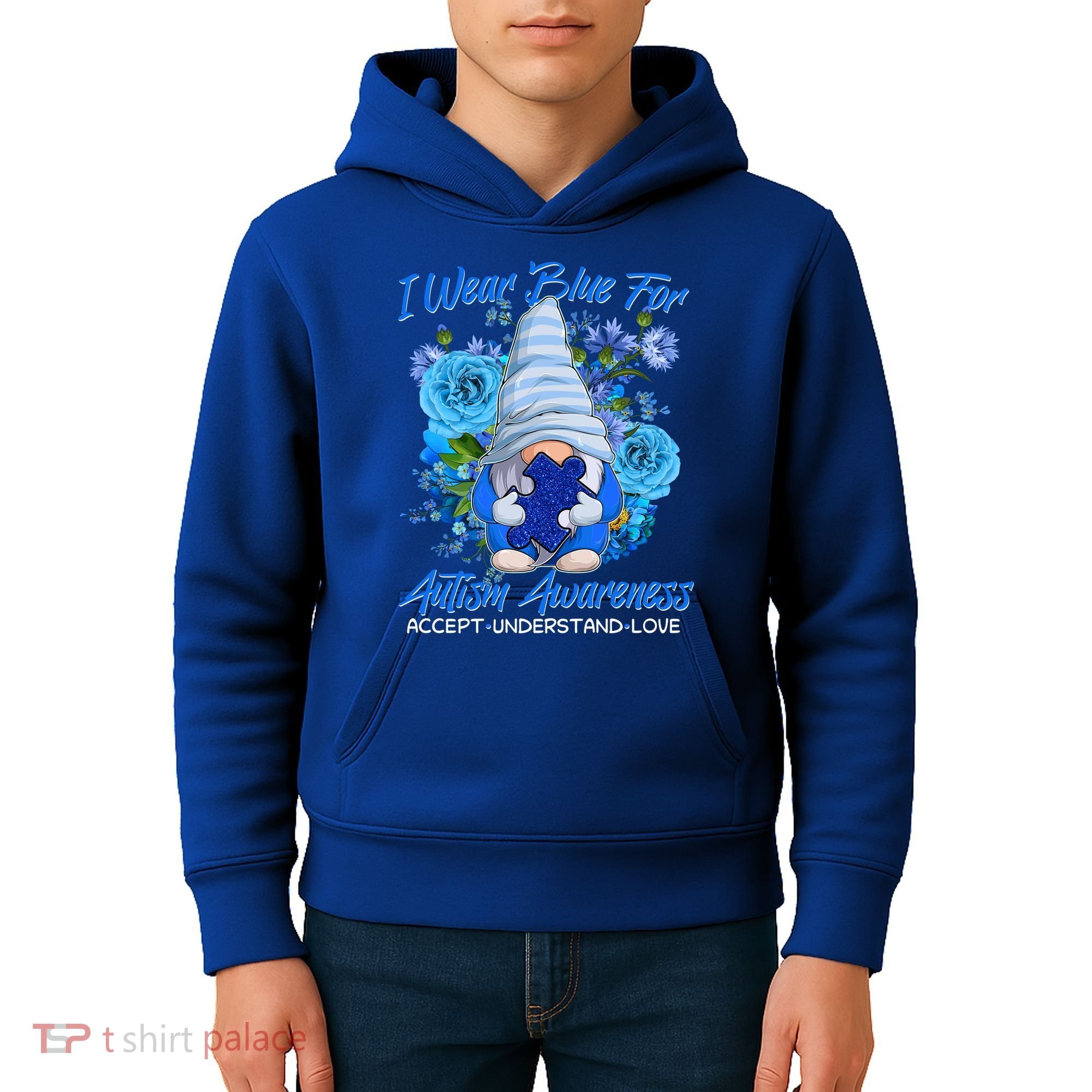 Cool I Wear Blue For Autism Awareness Accept Understand Love Flower Gnome Kids Hoodie