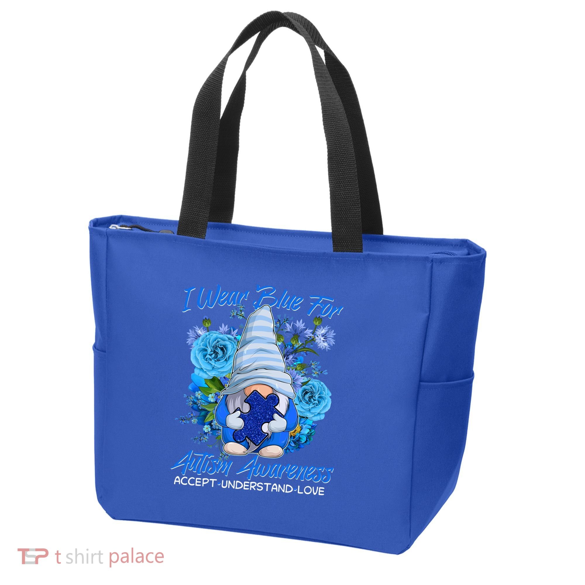 Cool I Wear Blue For Autism Awareness Accept Understand Love Flower Gnome Tote Bag