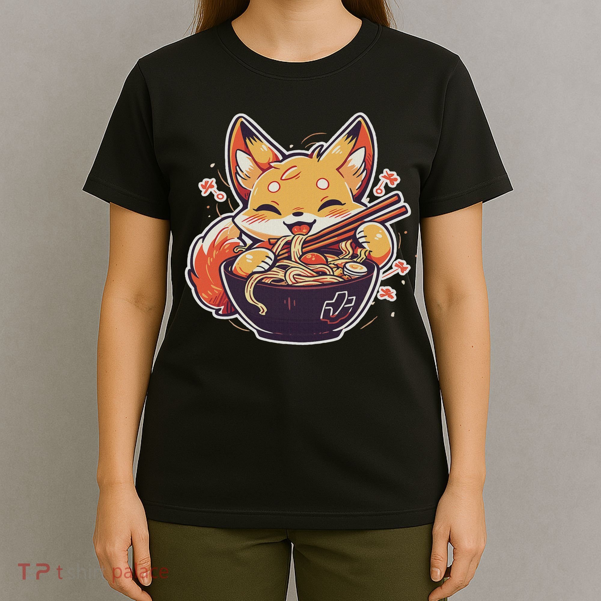 Cute Japanese Anime Kawaii Fox Eating Ramen Ns T-Shirt
