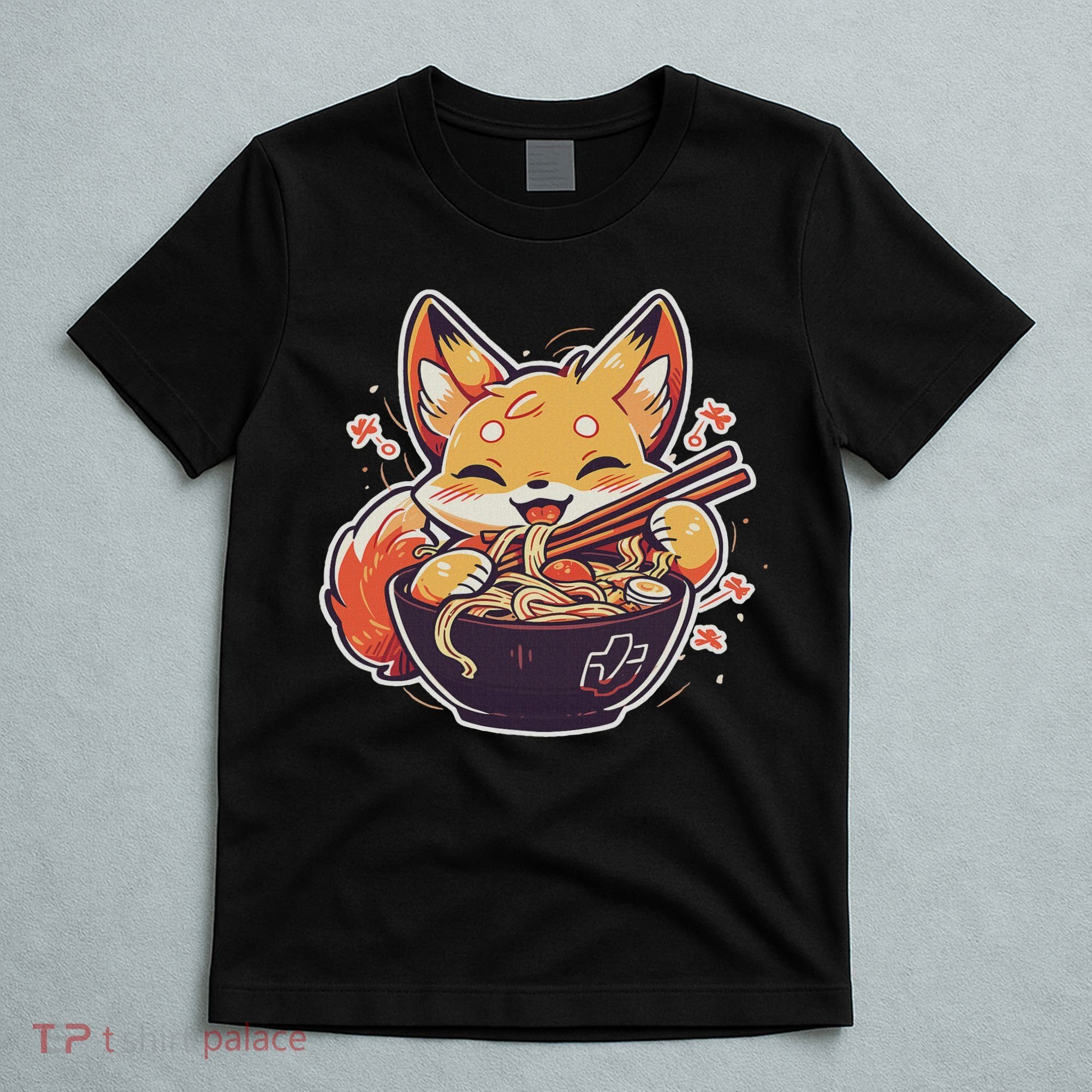 Cute Japanese Anime Kawaii Fox Eating Ramen Ns T-Shirt