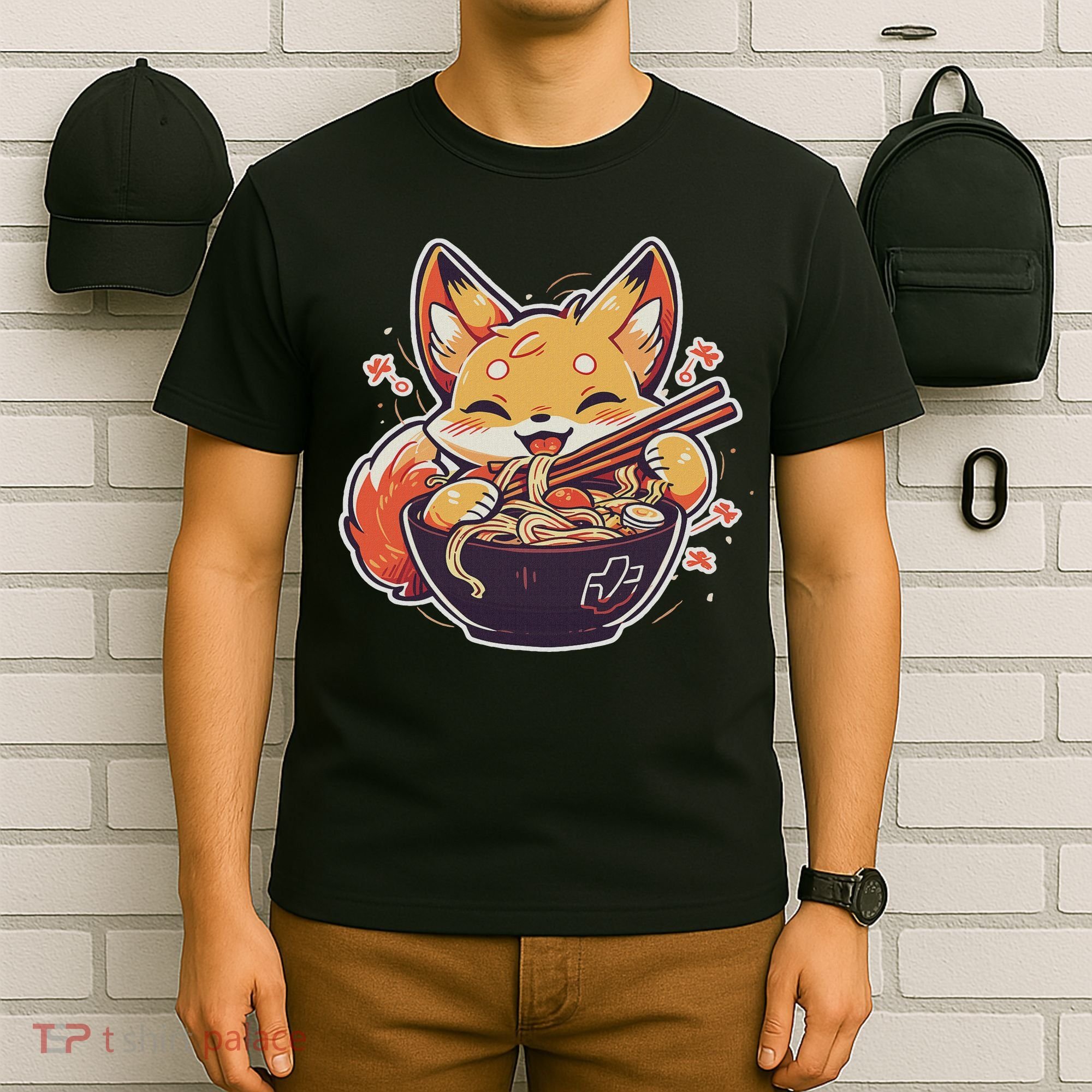 Cute Japanese Anime Kawaii Fox Eating Ramen Ns T-Shirt