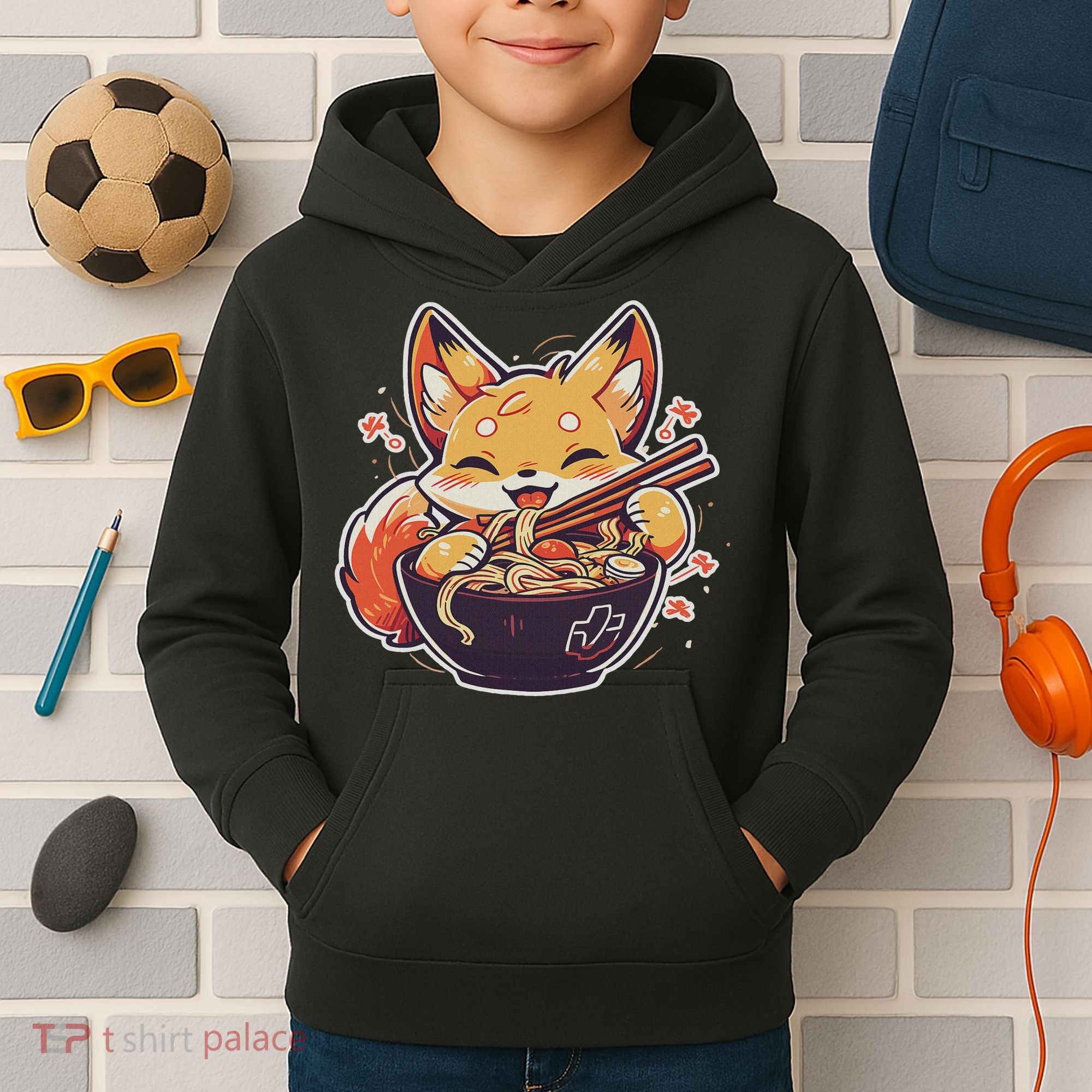 Cute Japanese Anime Kawaii Fox Eating Ramen Ns Kids Hoodie