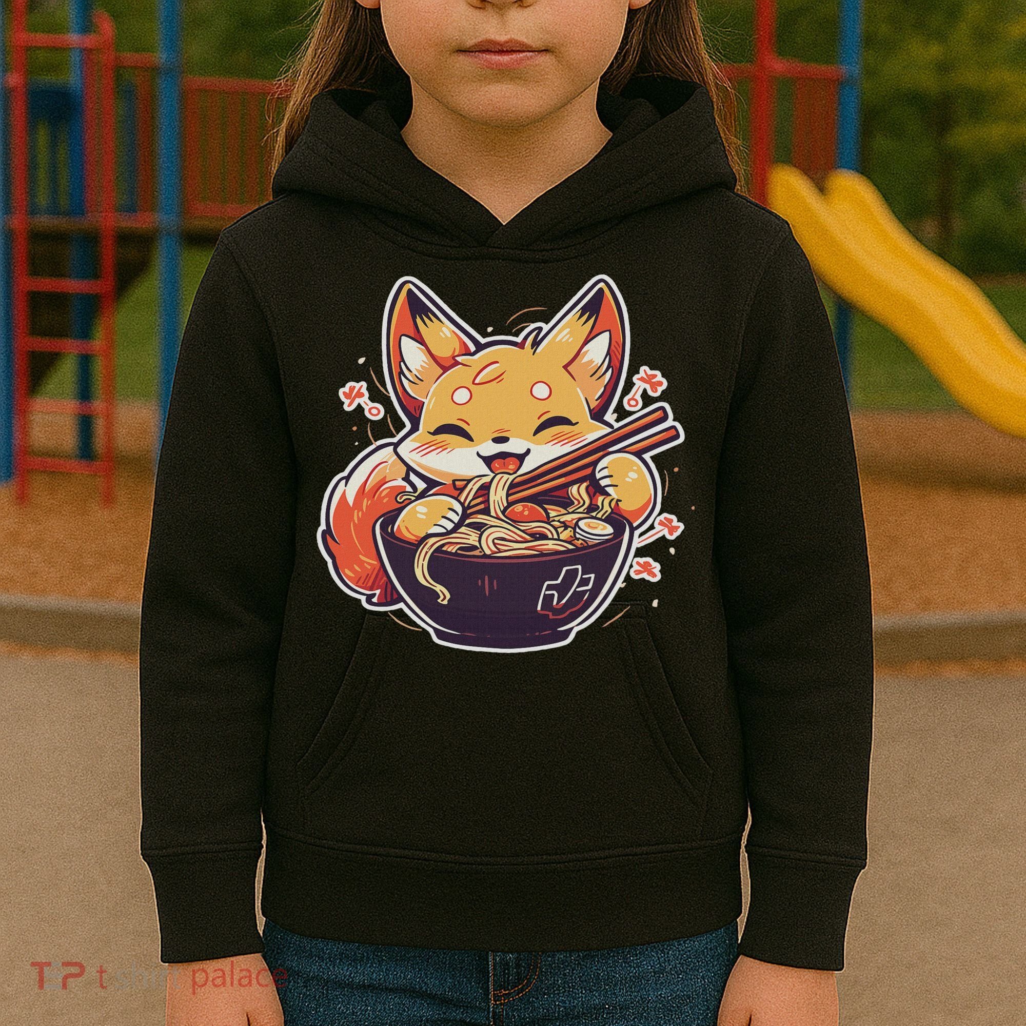 Cute Japanese Anime Kawaii Fox Eating Ramen Ns Kids Hoodie