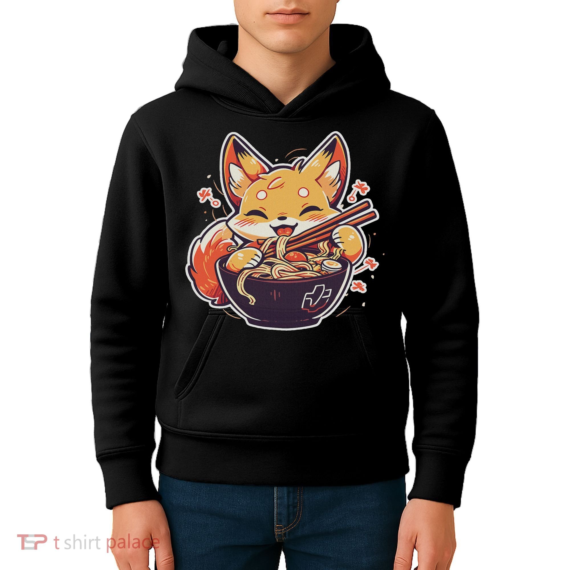Cute Japanese Anime Kawaii Fox Eating Ramen Ns Kids Hoodie