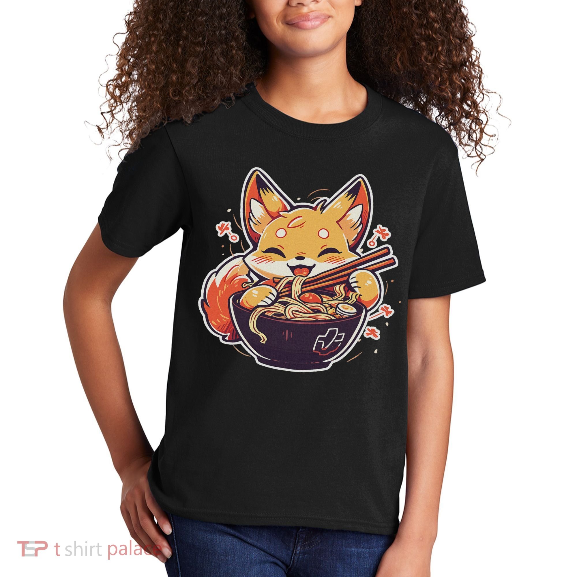 Cute Japanese Anime Kawaii Fox Eating Ramen Ns Kids T-Shirt