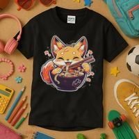 Cute Japanese Anime Kawaii Fox Eating Ramen Ns Kids T-Shirt thumb 3