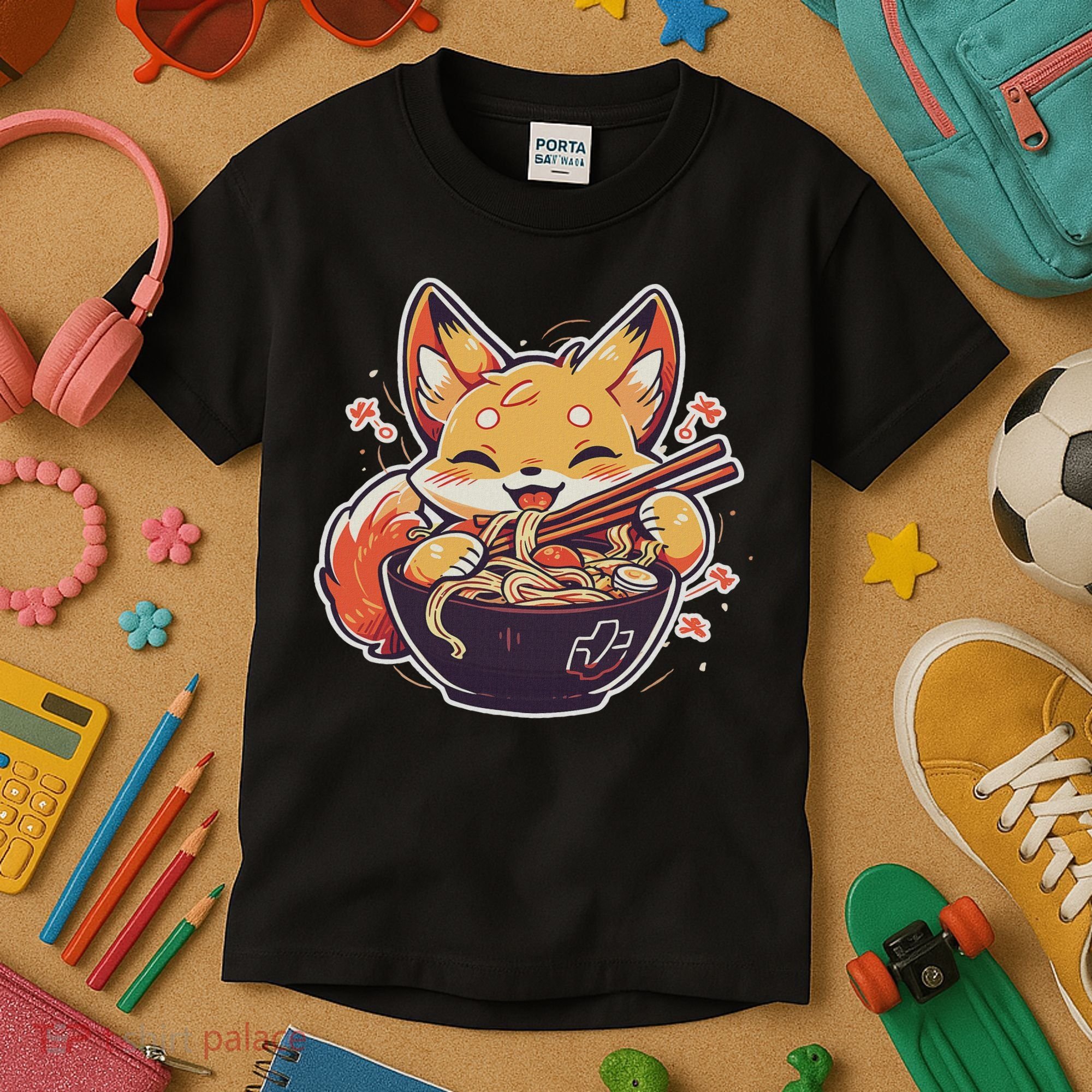 Cute Japanese Anime Kawaii Fox Eating Ramen Ns Kids T-Shirt