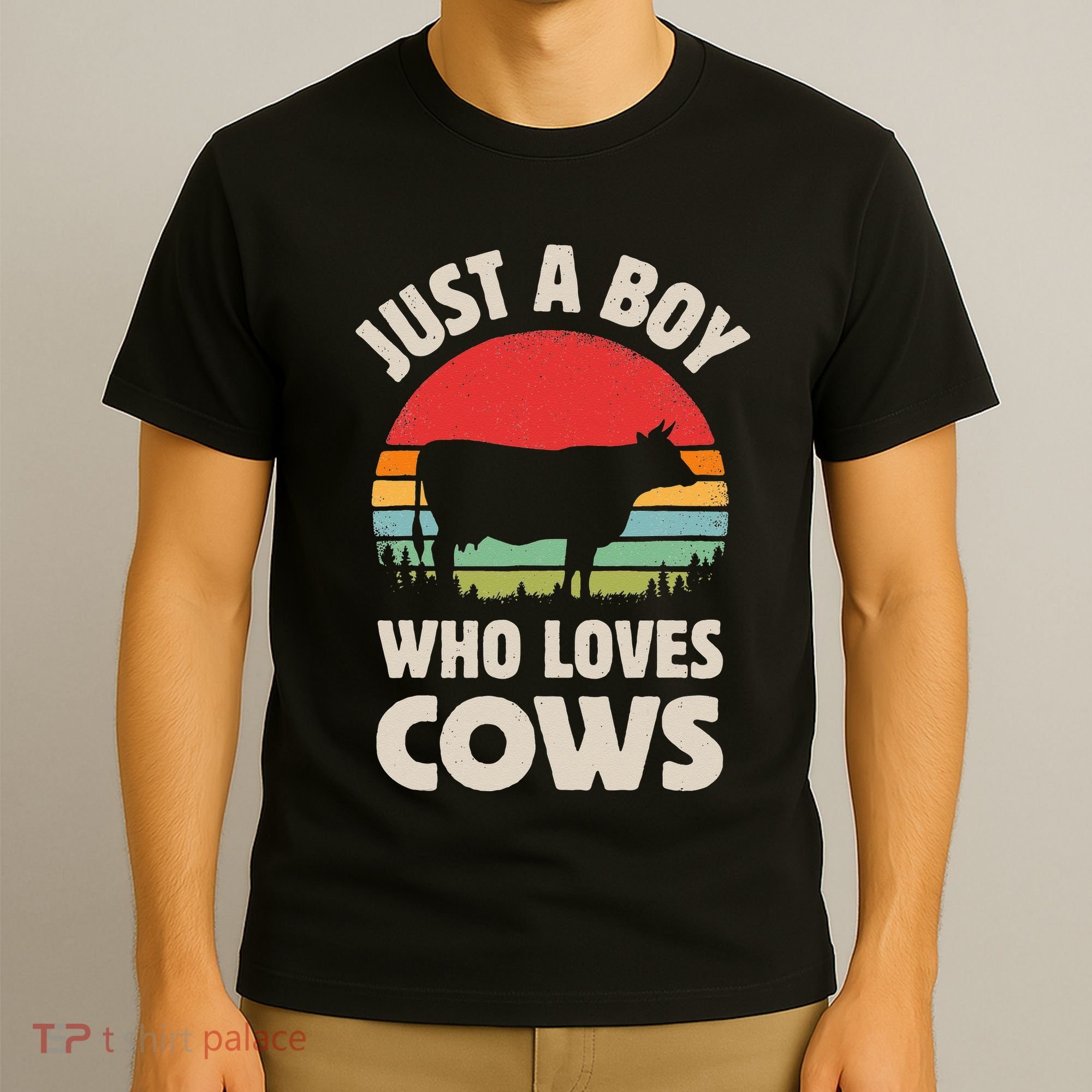 Cow Just A Who Loves Retro Farm Animal Farmer Sunset T-Shirt