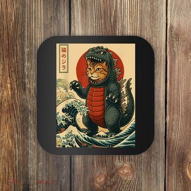 Catzilla Japanese Art Cat Cat Zilla Coaster
