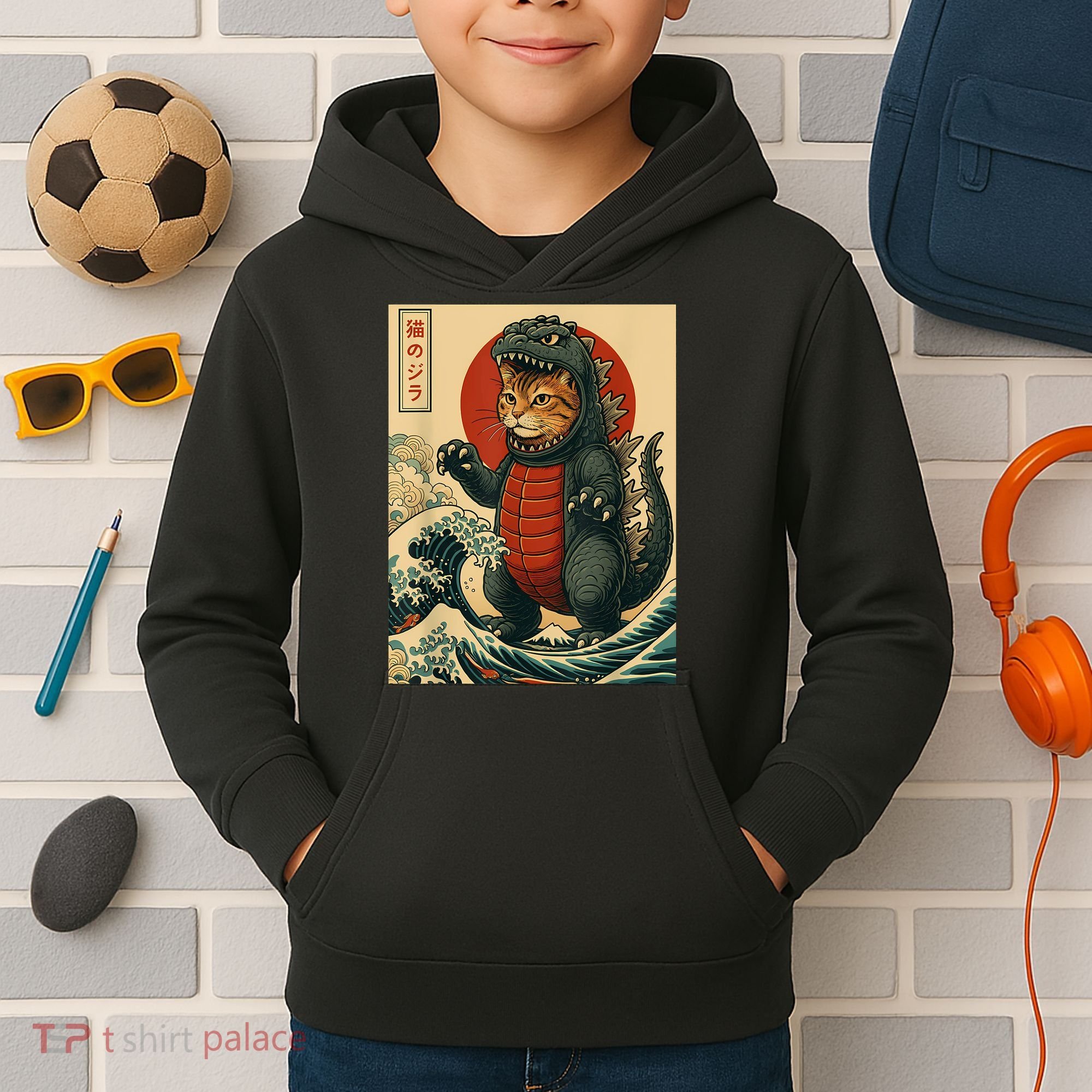 Catzilla Japanese Art Cat Cat Zilla Kids Hoodie
