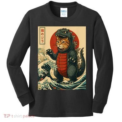 Catzilla Japanese Art Cat Cat Zilla Kids Long Sleeve Shirt