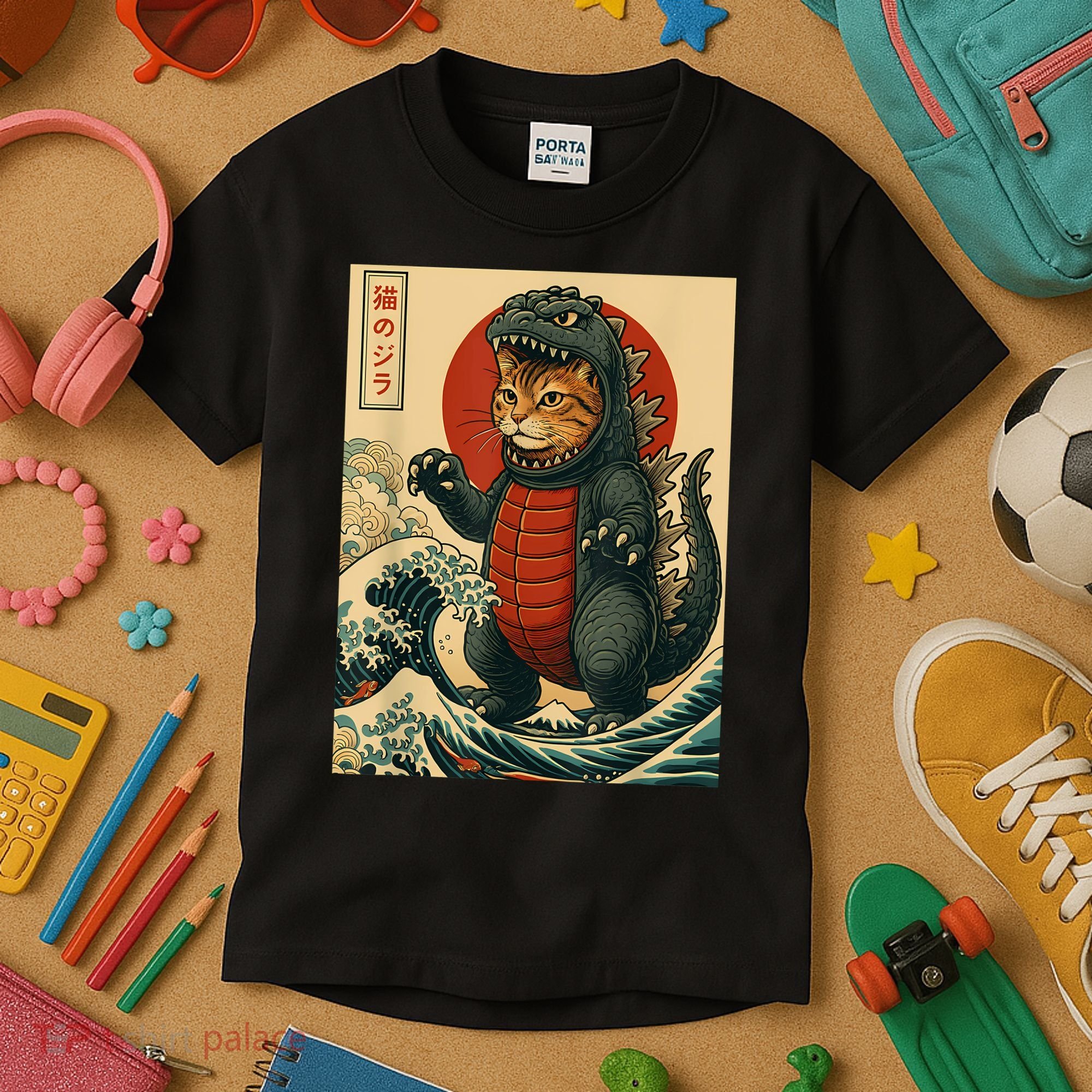 Catzilla Japanese Art Cat Cat Zilla Kids T-Shirt