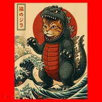 Catzilla Japanese Art Cat Cat Zilla Santa Hat thumb 1