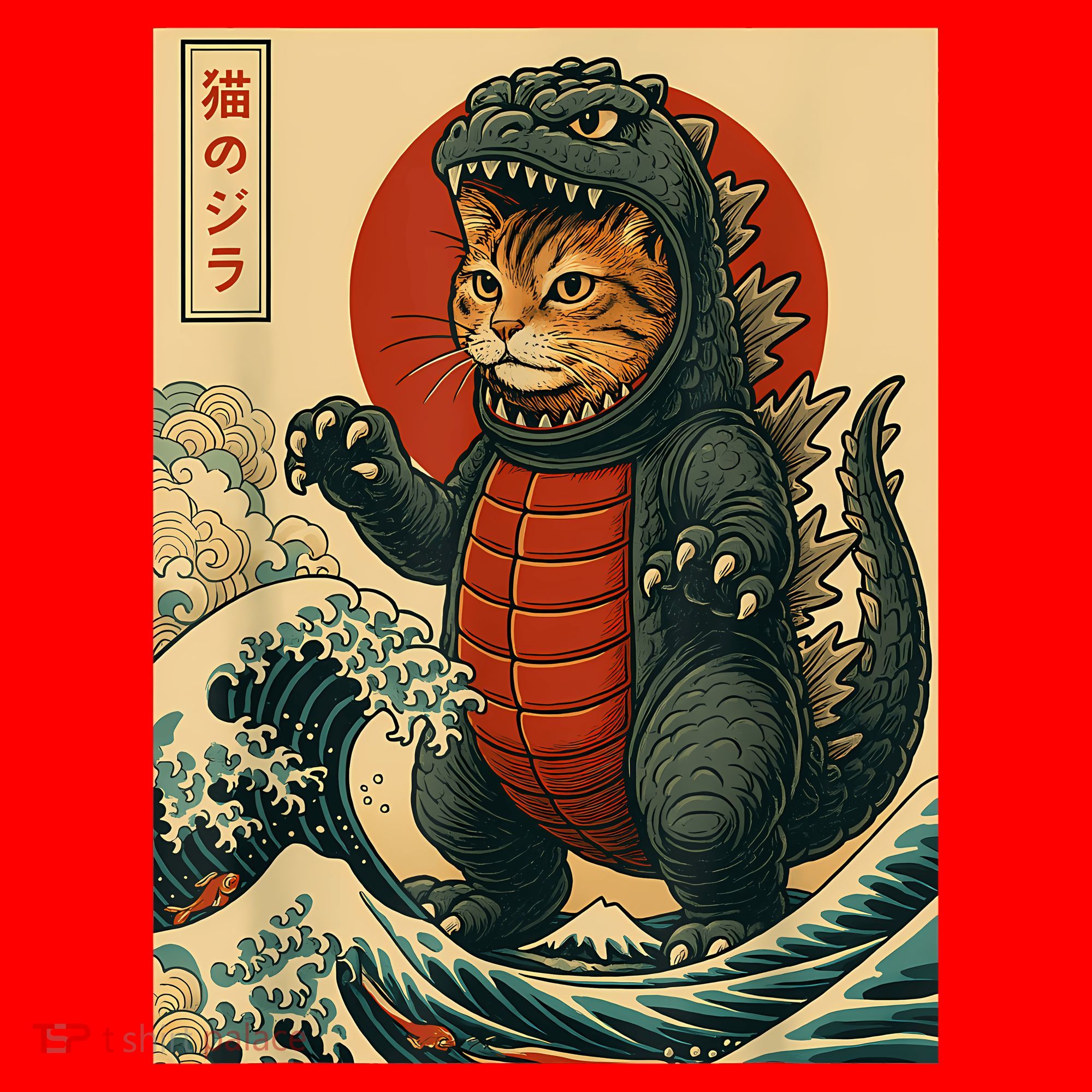 Catzilla Japanese Art Cat Cat Zilla Santa Hat