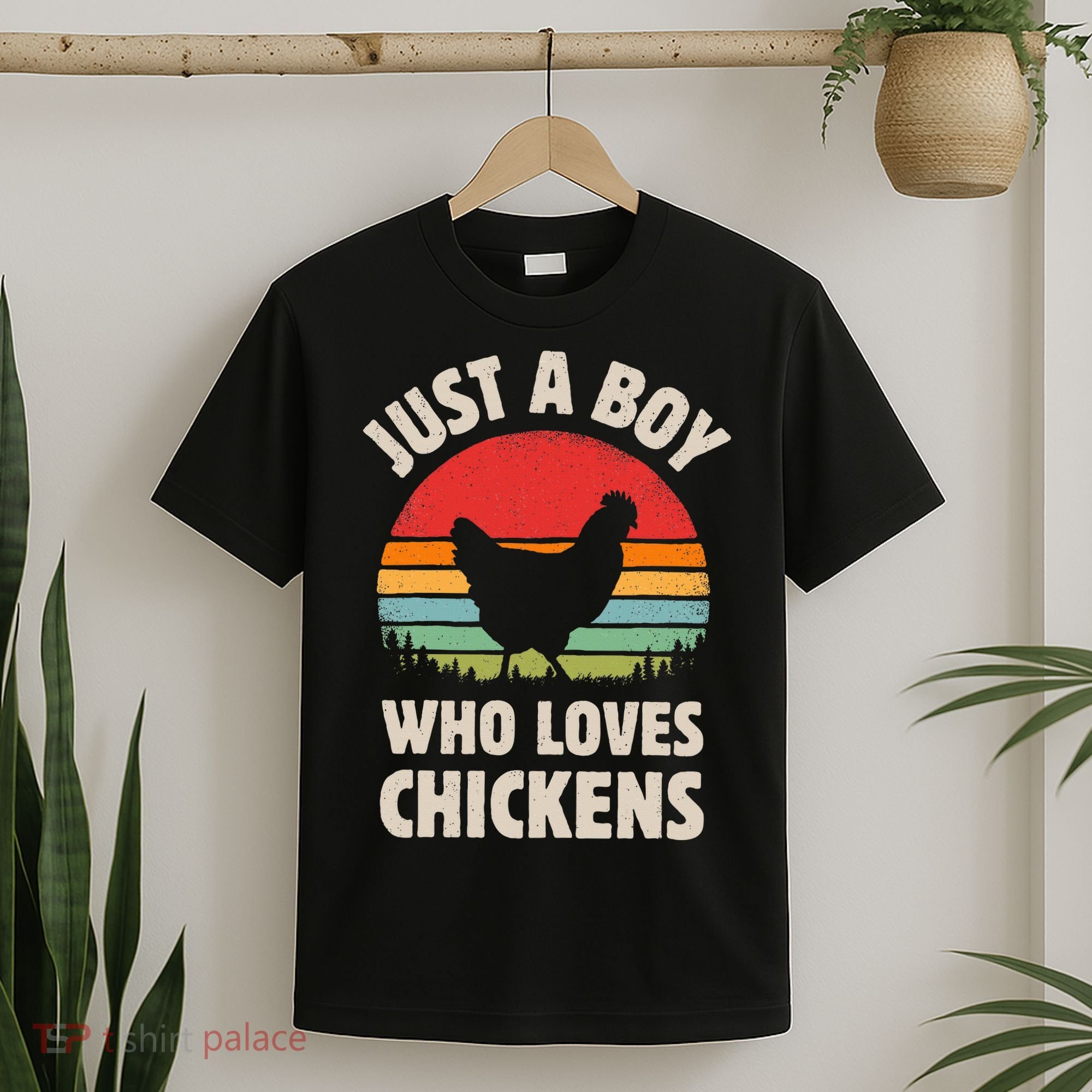 Chicken Just A Boy Who Loves Retro Farm Animal Farmer Sunset T-Shirt