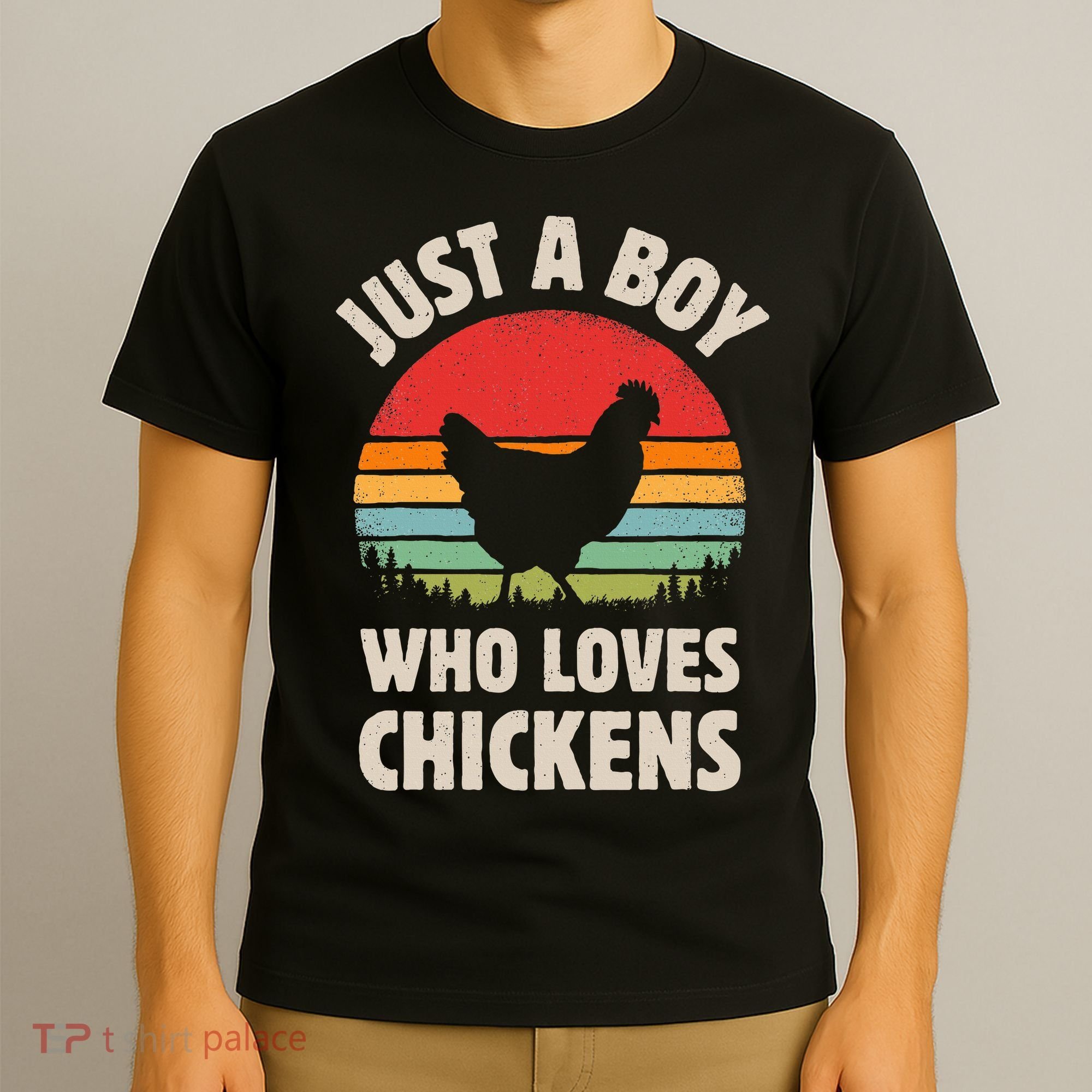 Chicken Just A Boy Who Loves Retro Farm Animal Farmer Sunset T-Shirt