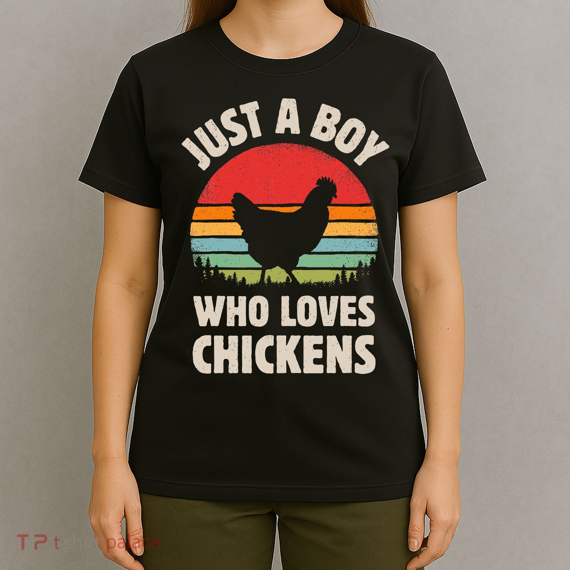 Chicken Just A Boy Who Loves Retro Farm Animal Farmer Sunset T-Shirt