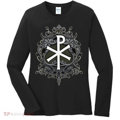 Christogram Jesus Christ Symbol Chi Ro Alpha Omega Catholic Women's Long Sleeve Shirt