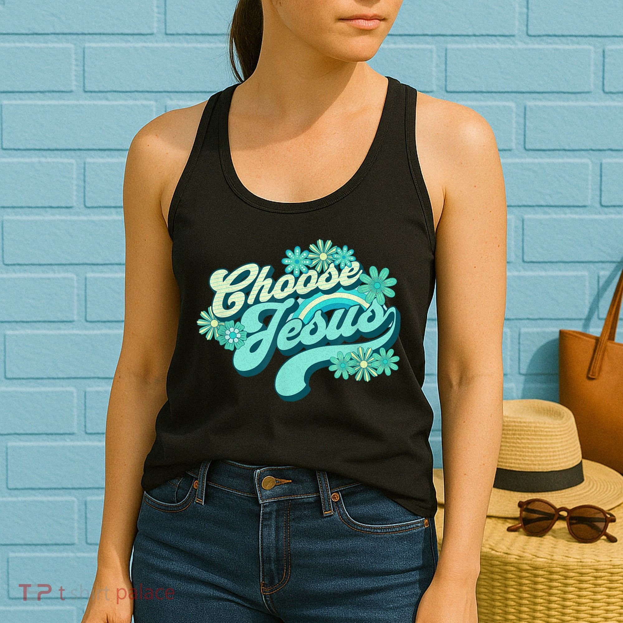 Choose Jesus Groovy Flowers Christian Retro Love Peace Cute Women's Tank Top