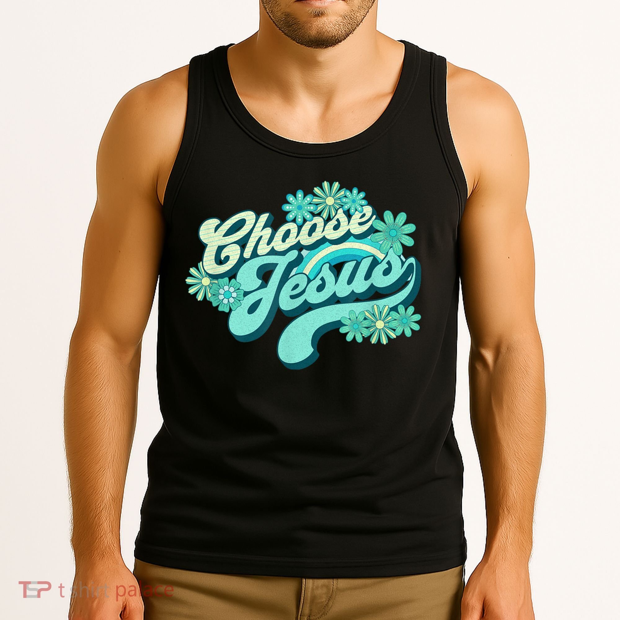 Choose Jesus Groovy Flowers Christian Retro Love Peace Cute Tank Top
