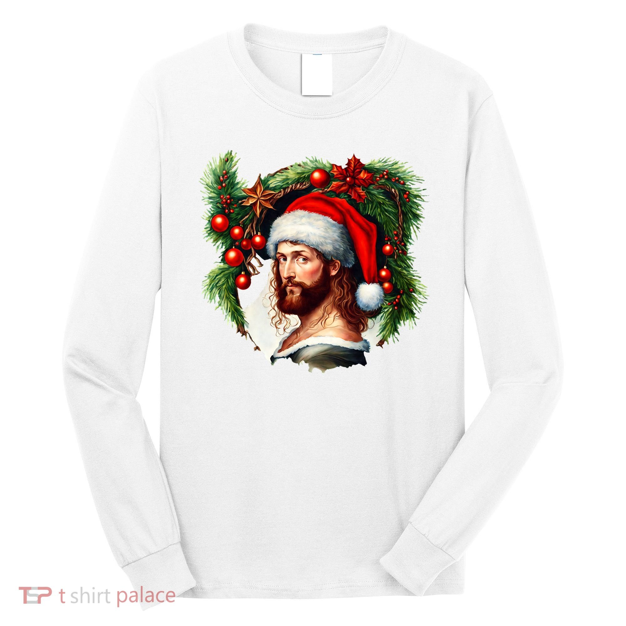 Christmas Jesus In Santa Hat Portrait Decorations Long Sleeve Shirt