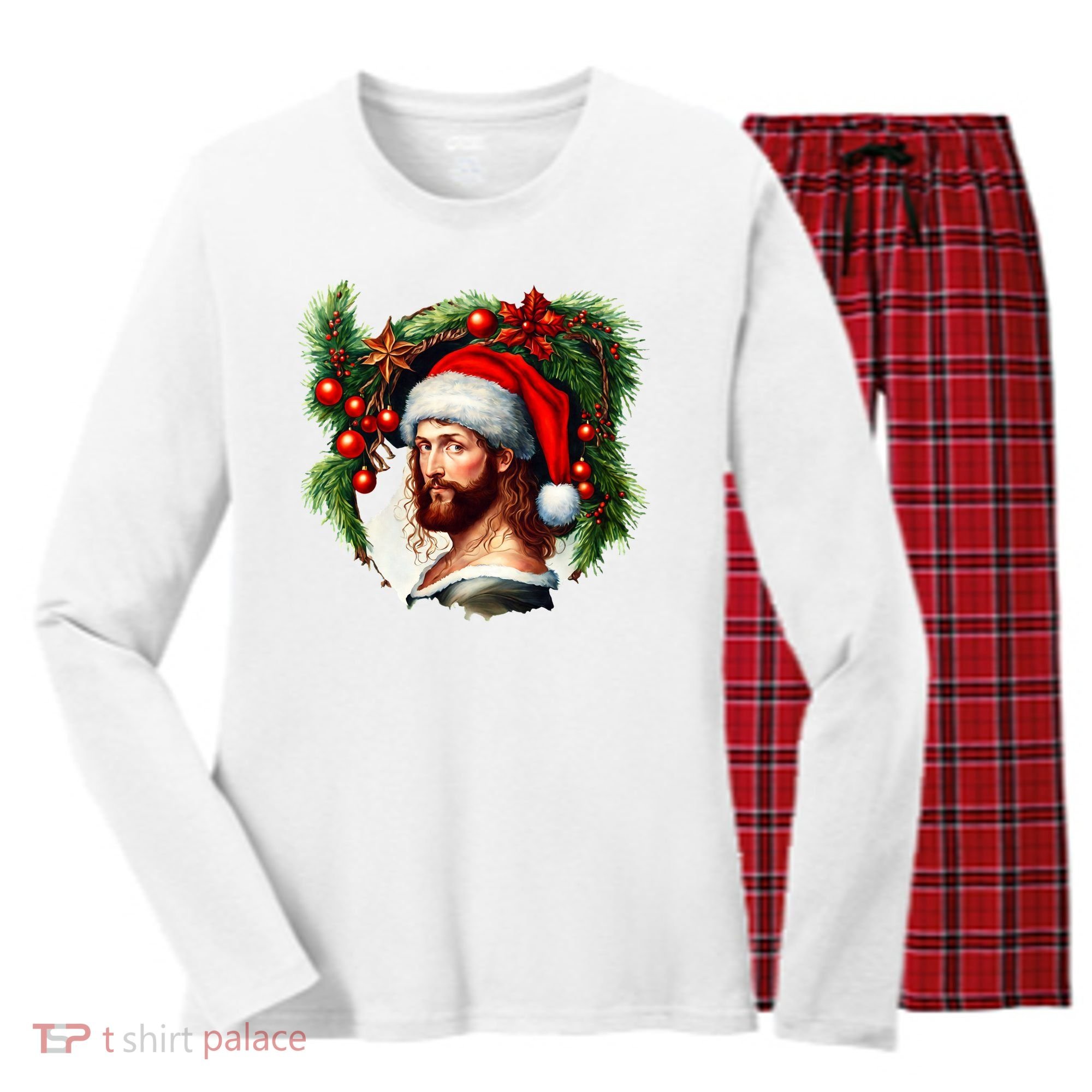 Christmas Jesus In Santa Hat Portrait Decorations Women's Long Sleeve Flannel Pajama Set 