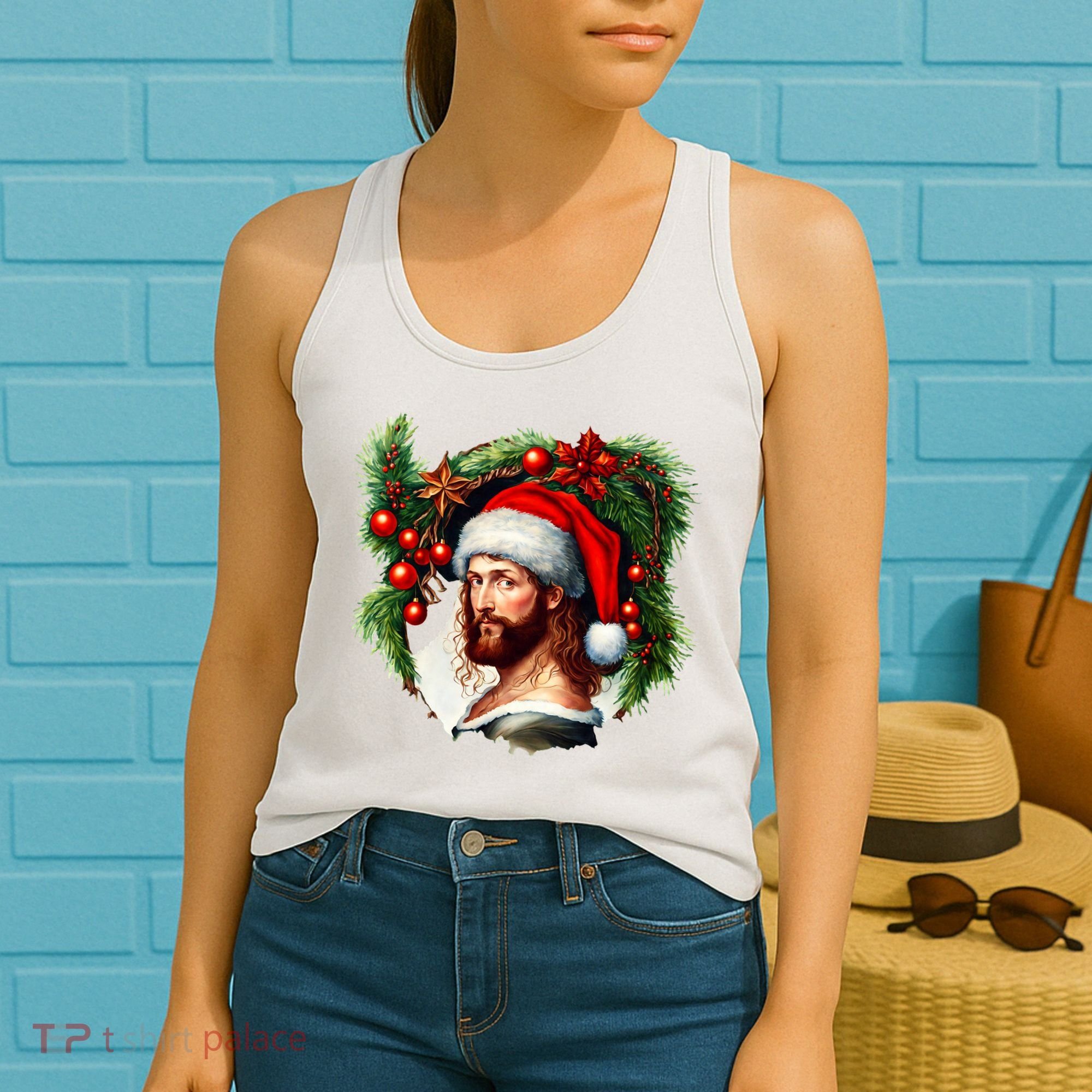 Christmas Jesus In Santa Hat Portrait Decorations Women's Tank Top